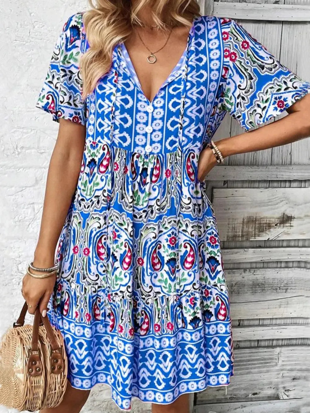 Printed Tie-Neck Short Sleeve Dress