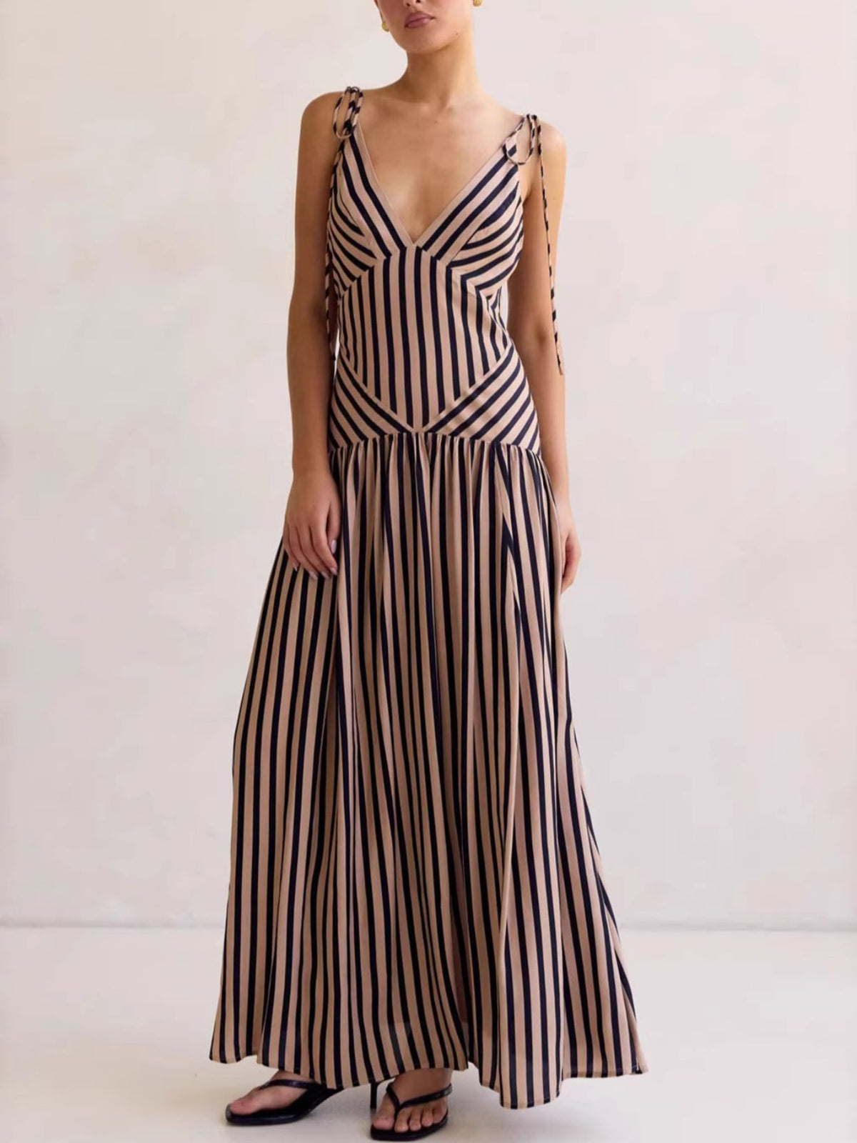 Striped V-Neck Tie-Shoulder Maxi Dress in Brown