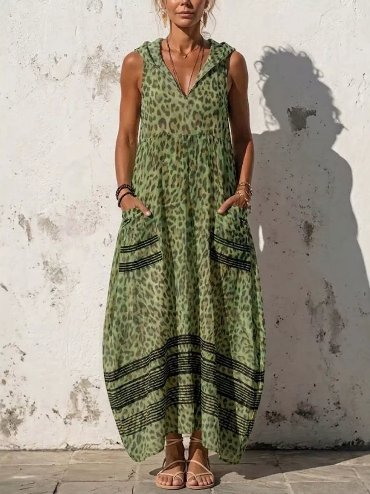 Hooded Leopard Print Maxi Dress, Plus Size