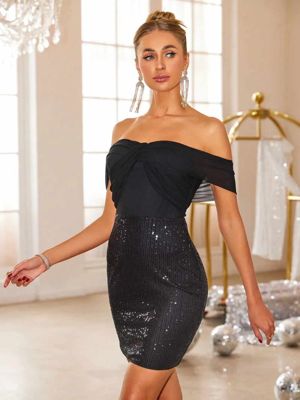 Backless Sequin Off-Shoulder Dress in Black by Jubilair