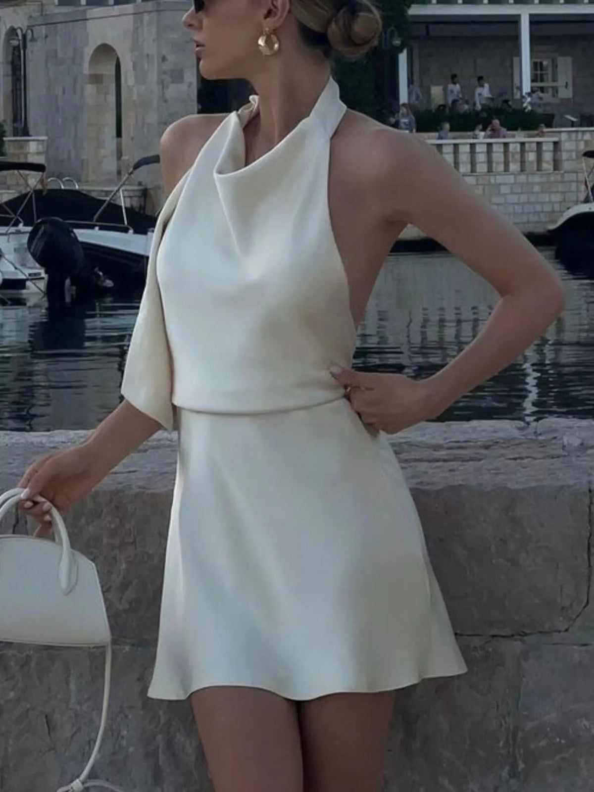 Halter Neck Mini Dress in Beige