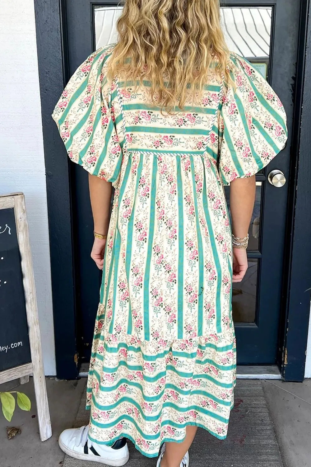 Striped Floral Tie-Neck Puff Sleeve Midi Dress in Sage