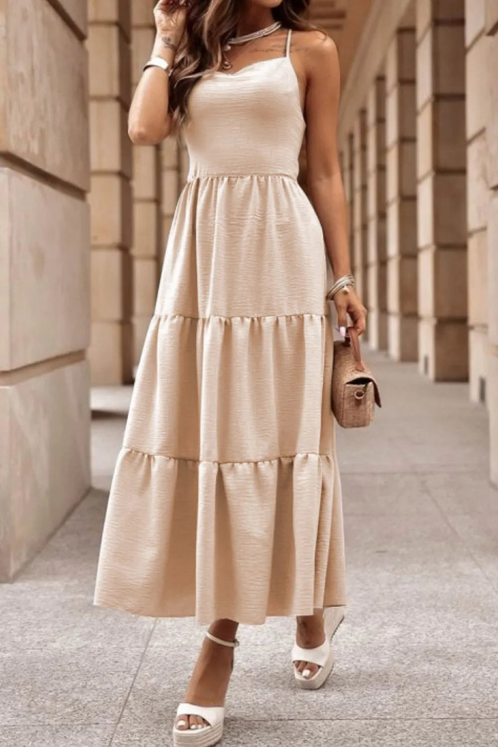 Crisscross Spaghetti Strap Tiered Dress