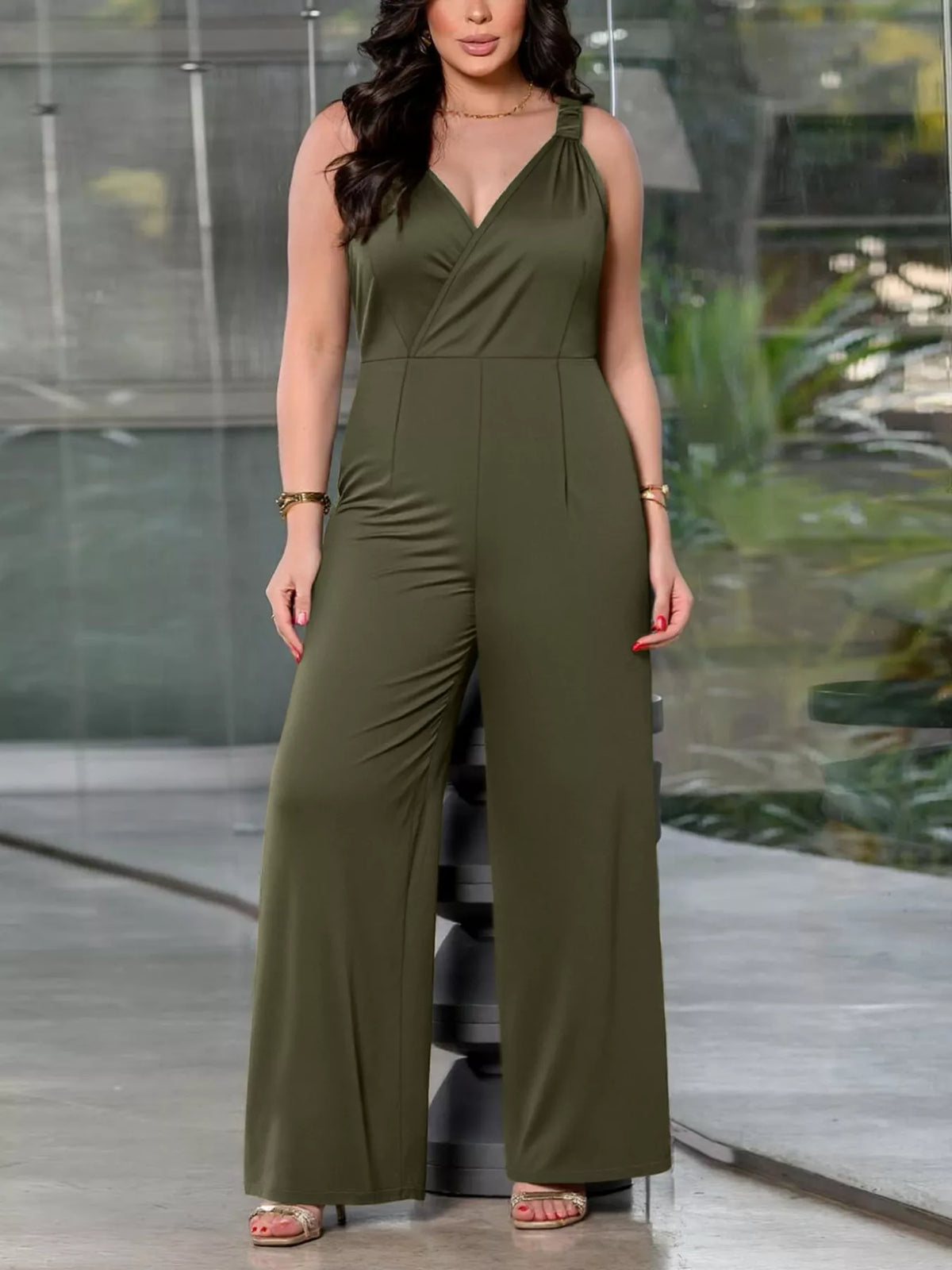 Smocked Wide Leg Jumpsuit in Army Green