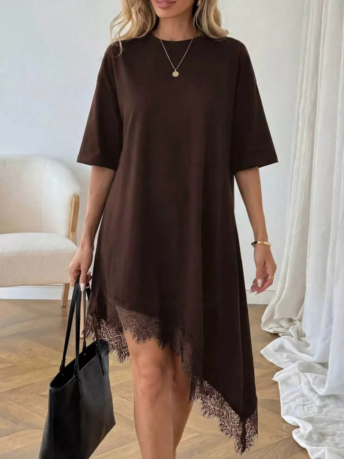 Asymmetrical Hem T-Shirt Dress with Lace Trim