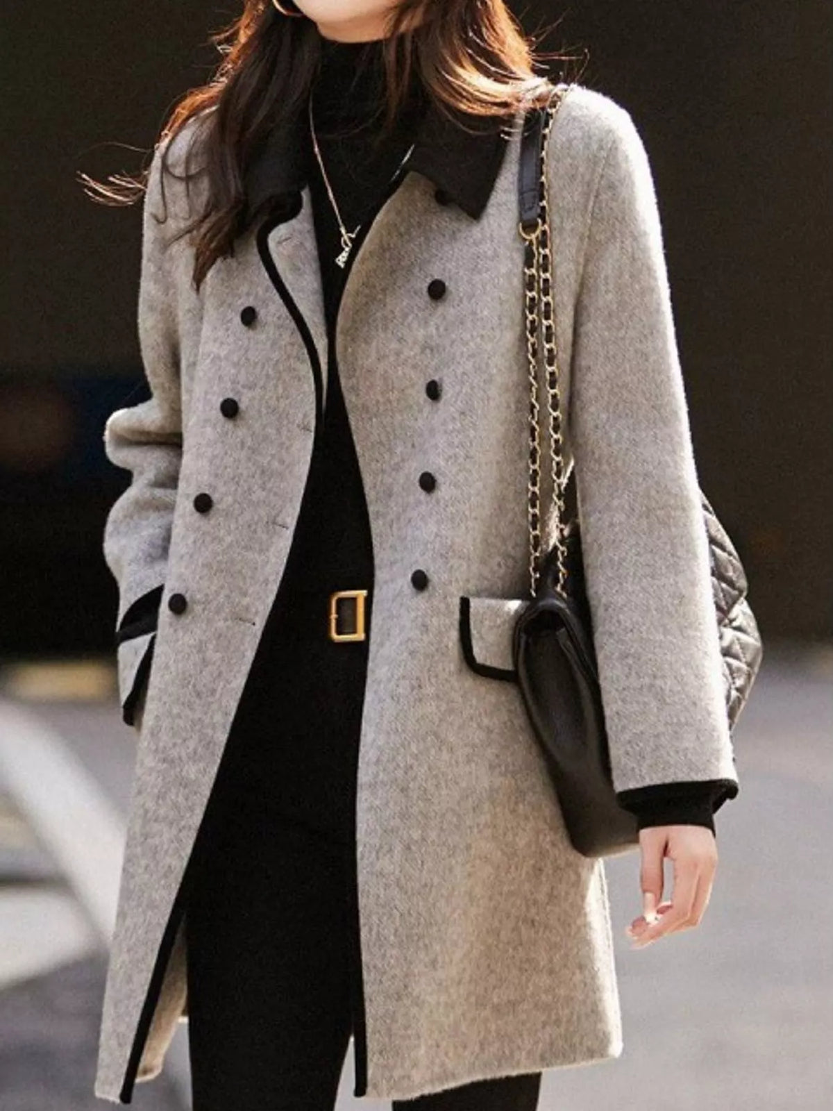 Double-Breasted Coat with Contrast Trim in Gray