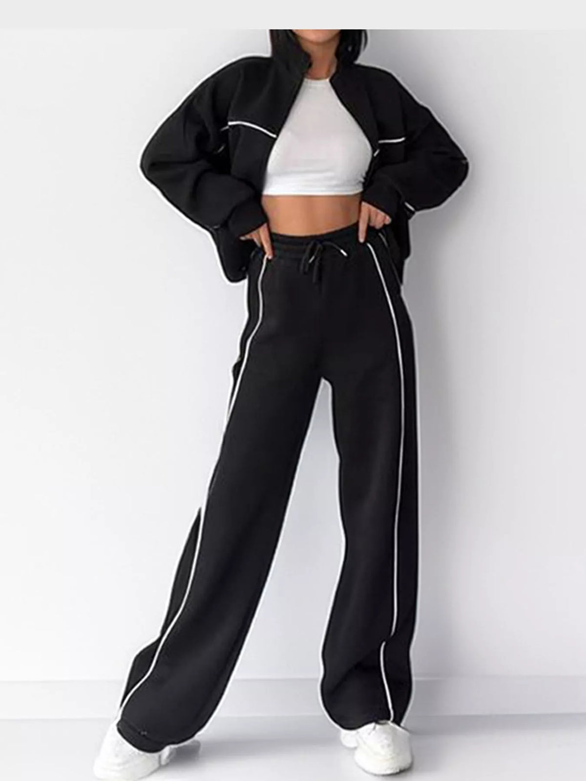 Zip-Up Jacket and Wide-Leg Pants Set in Black