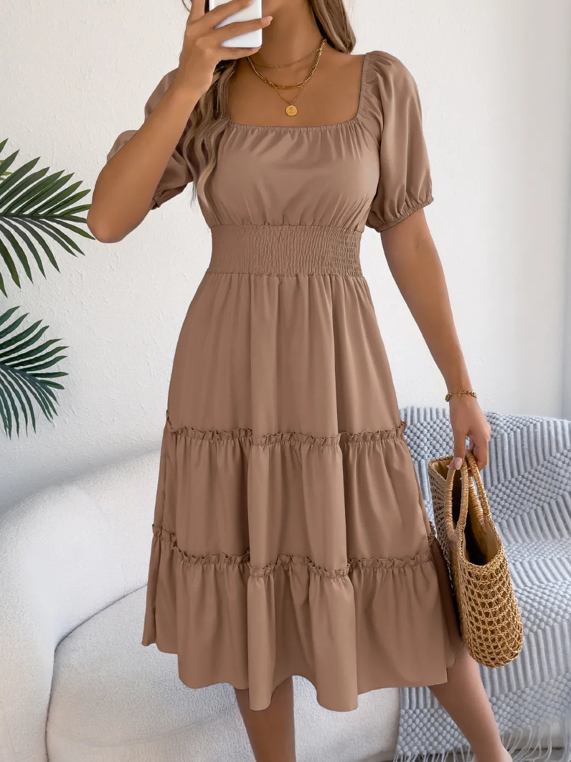 Square Neck Puff Sleeve Smocked Dress