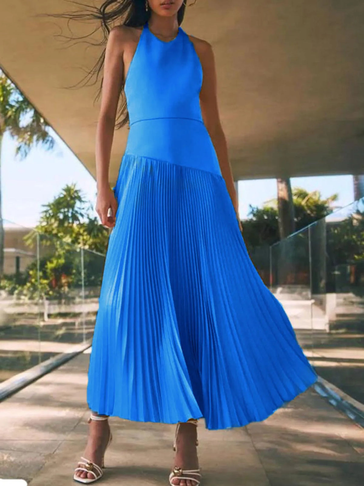 Pleated Halter Neck Maxi Dress