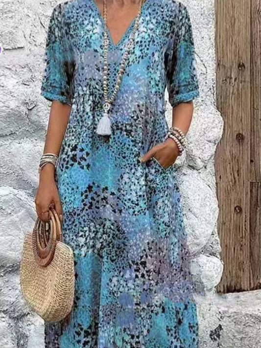 Printed V-Neck Half Sleeve Dress