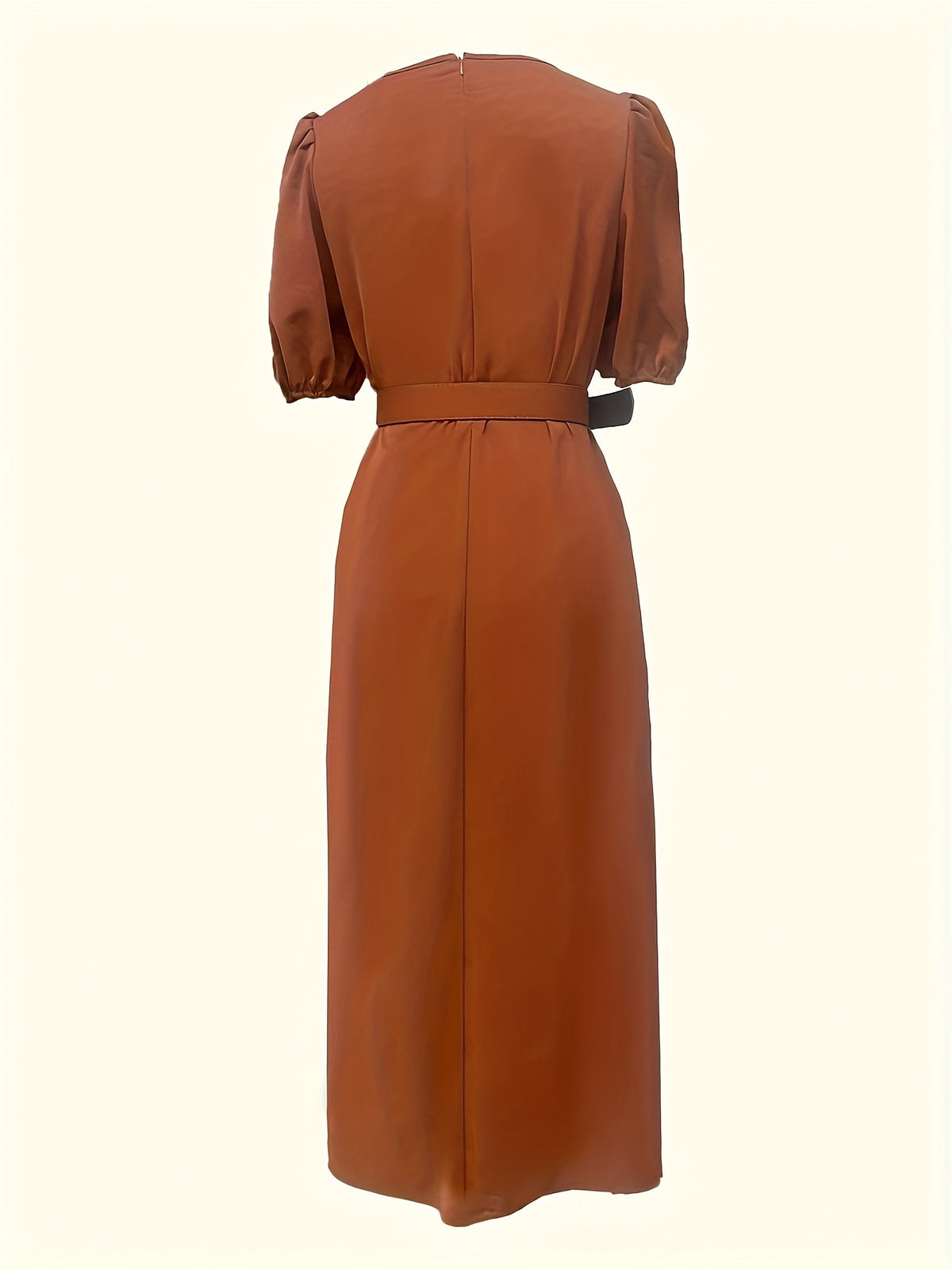 Belted Puff Sleeve Midi Dress in Tan