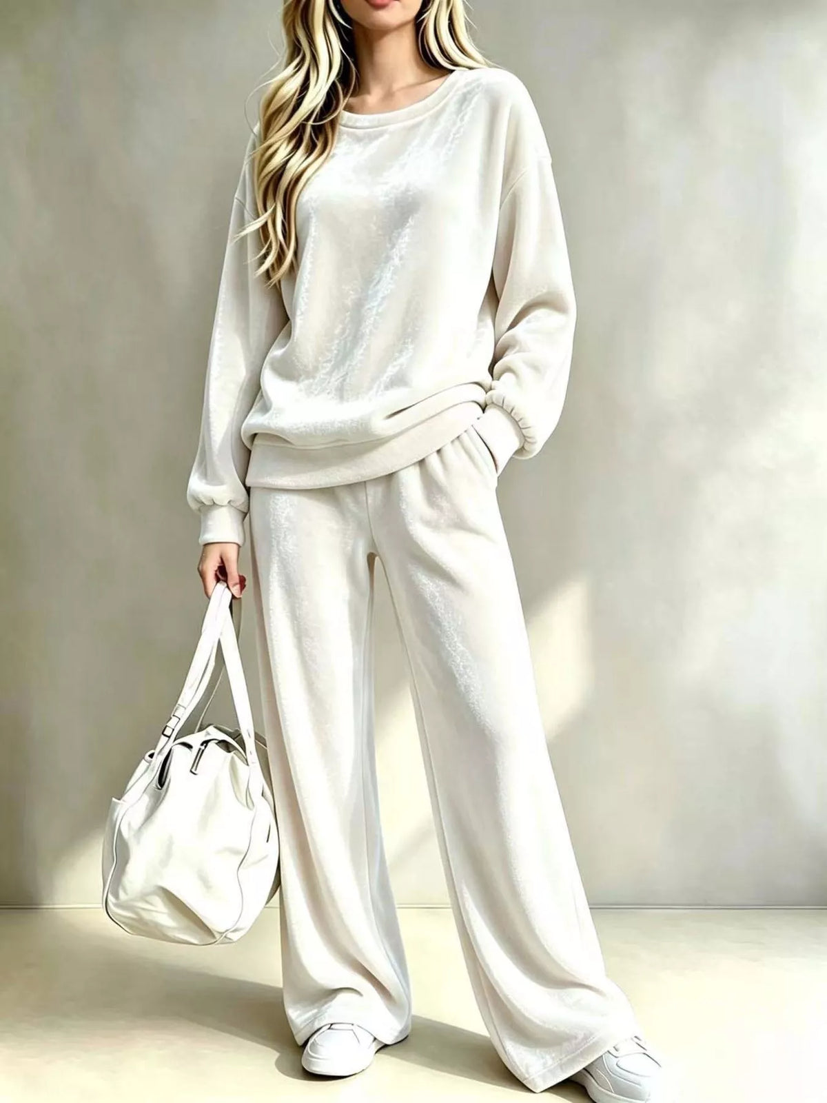 Dropped Shoulder Velvet Top and Wide Leg Pants Set