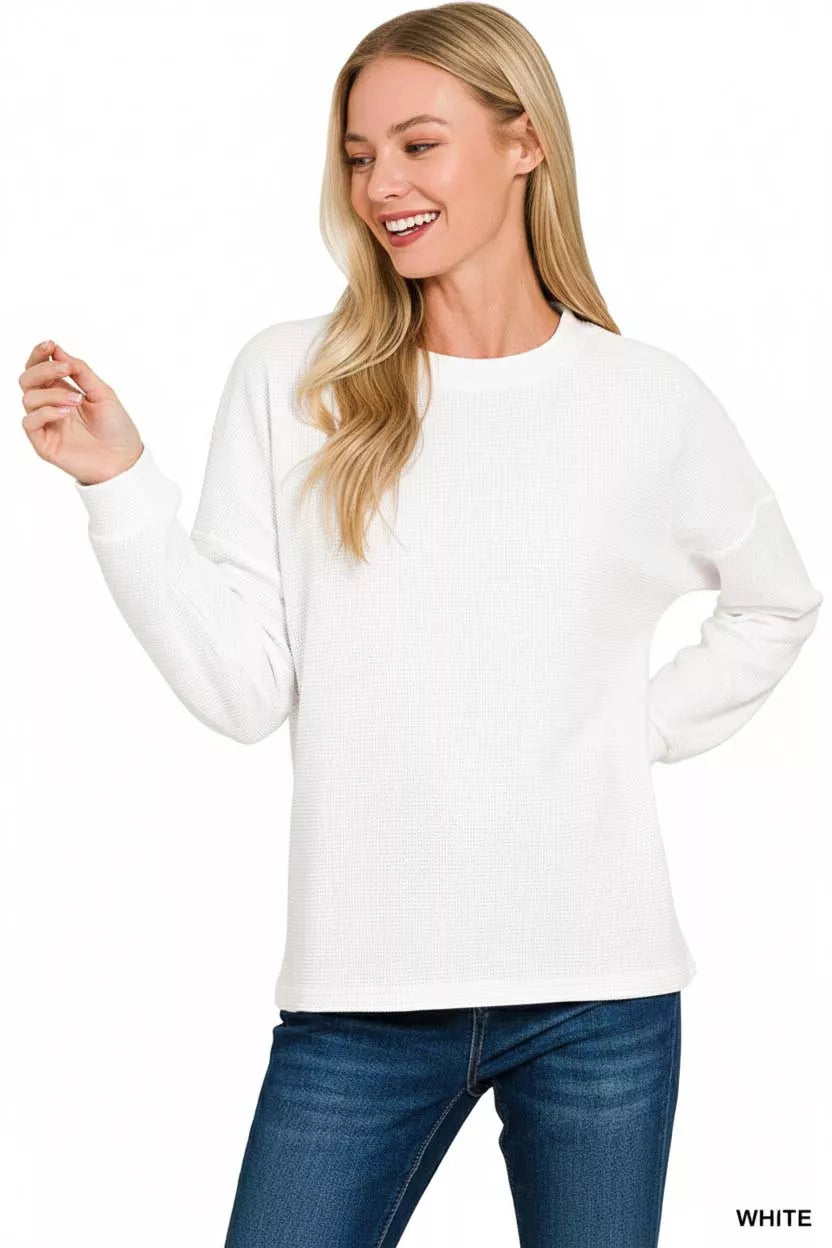 Zenana Double Knit Round Neck Long Sleeve Top in White