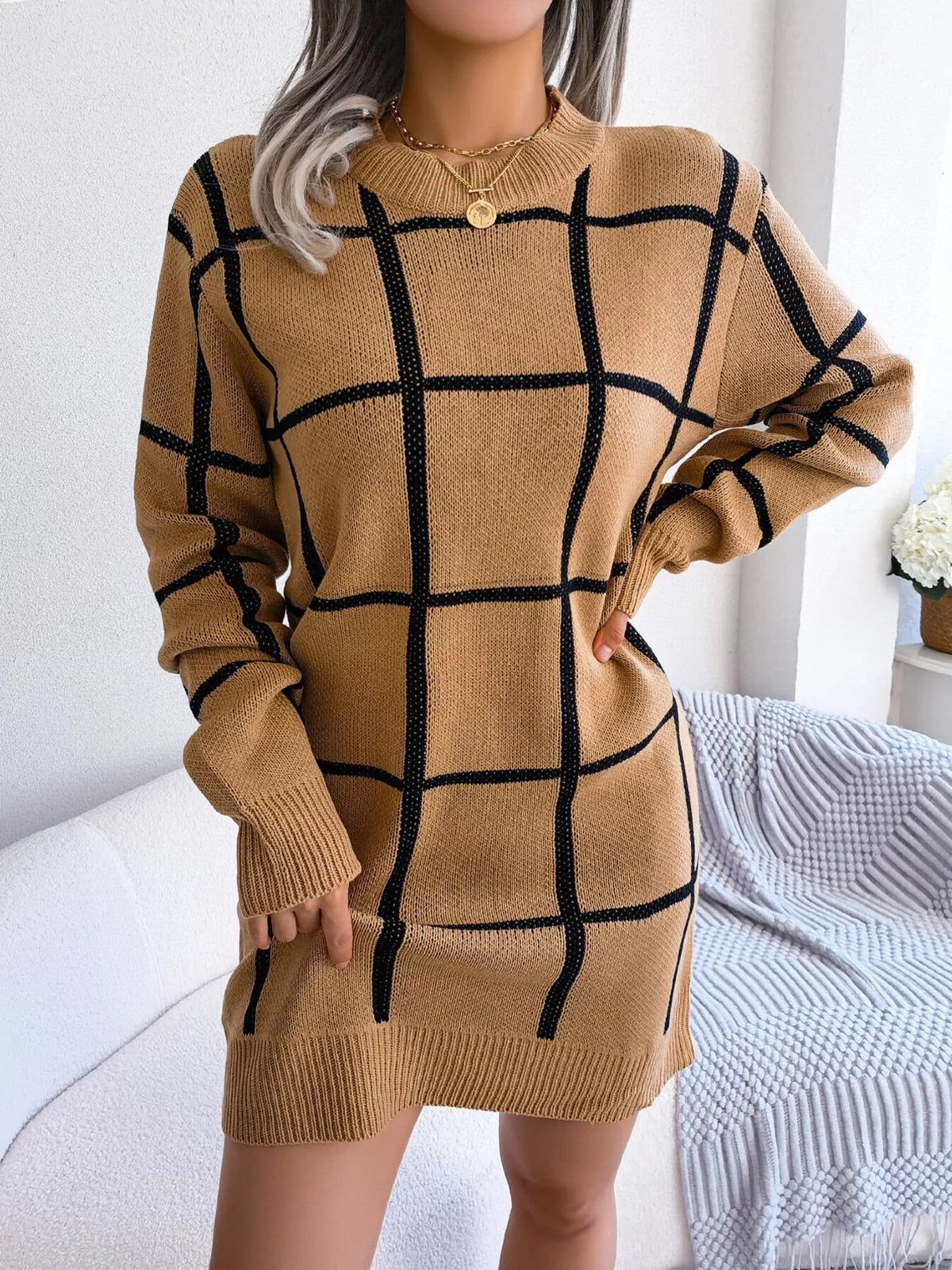 Plaid Long Sleeve Sweater Dress by Clise
