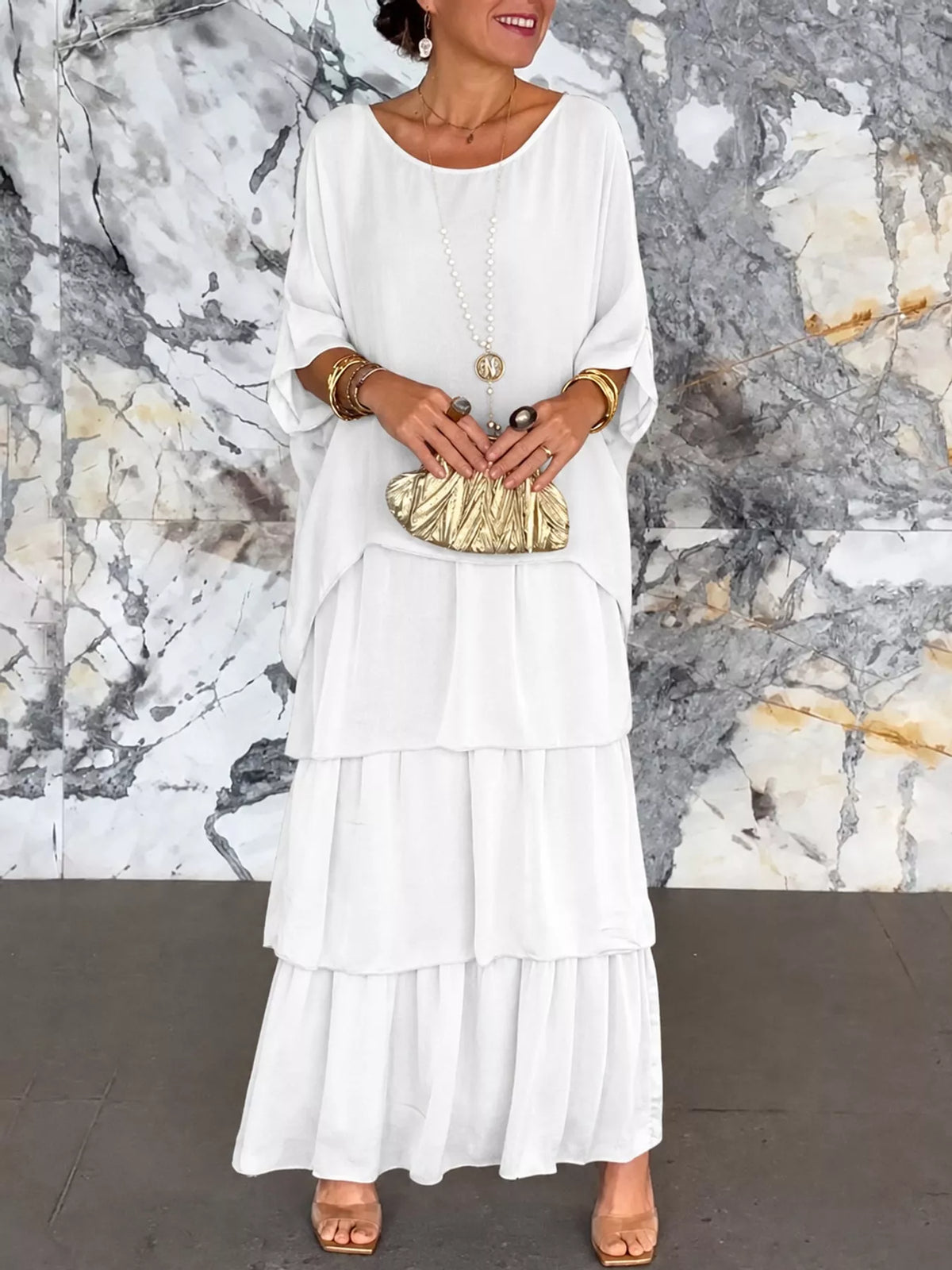 Layered Batwing-Sleeve Tiered Maxi Dress