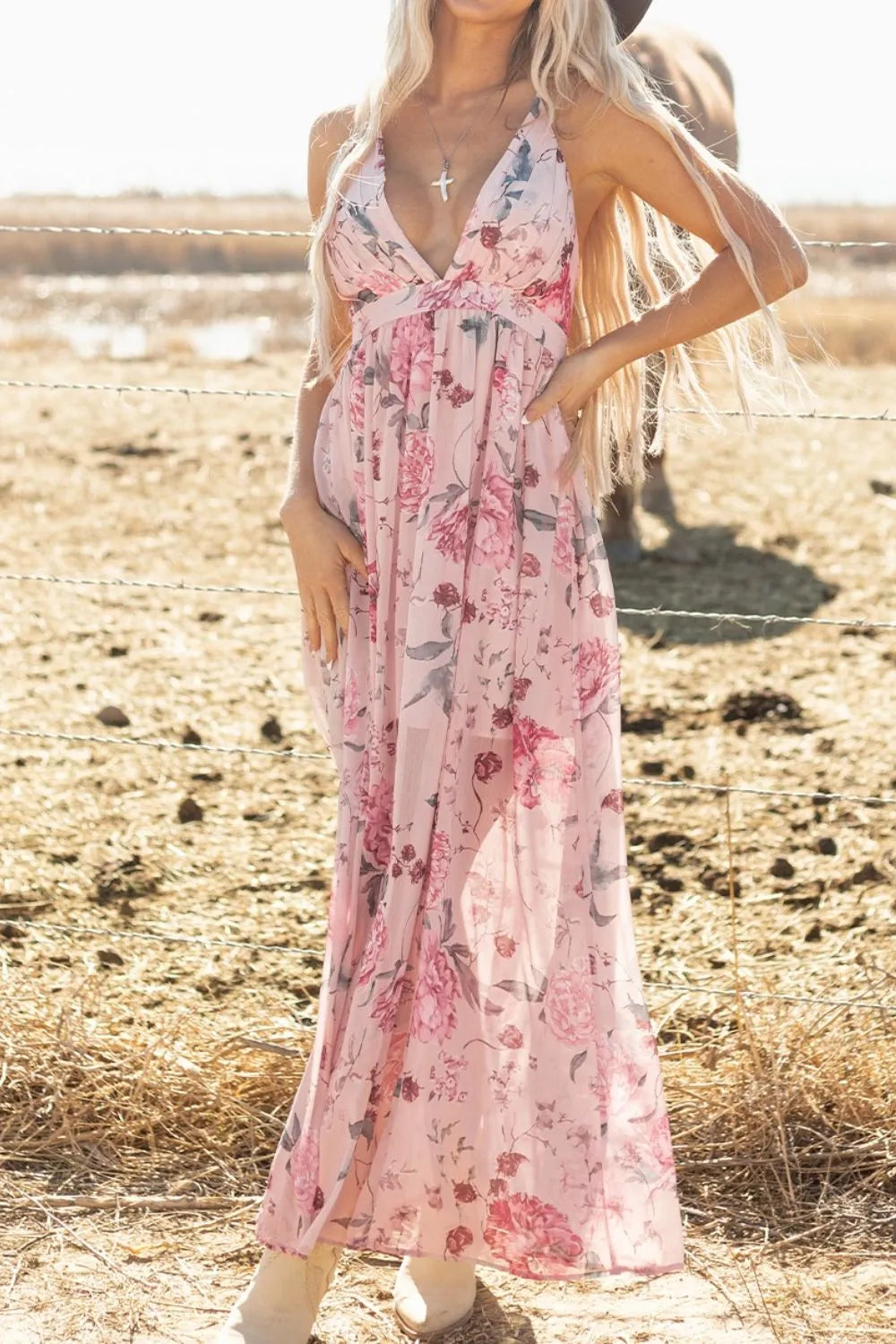 Floral Pleated Deep V Backless Maxi Dress in Blush Pink