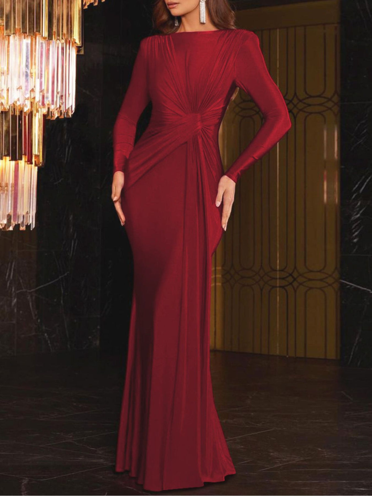 Ruched Knot-Front Long Sleeve Maxi Dress