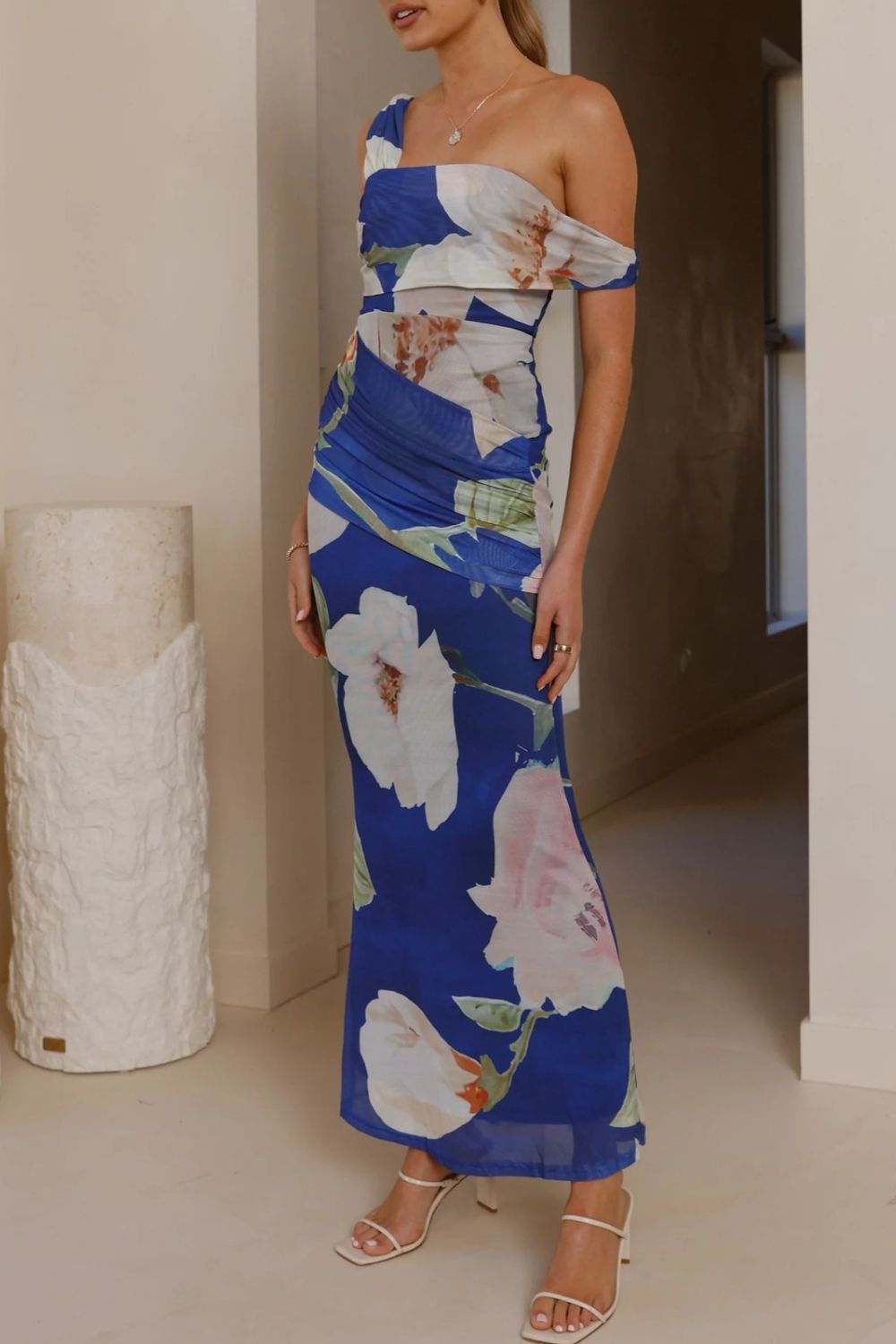 One-Shoulder Ruched Floral Maxi Dress