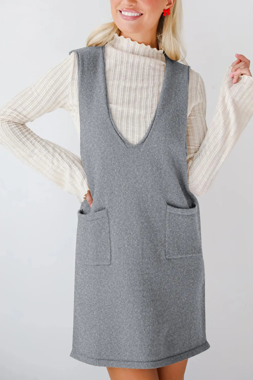 Pocketed V-Neck Mini Sweater Overall Dress