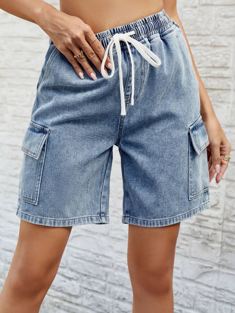 Drawstring Denim Shorts in Dusty Blue by Manny