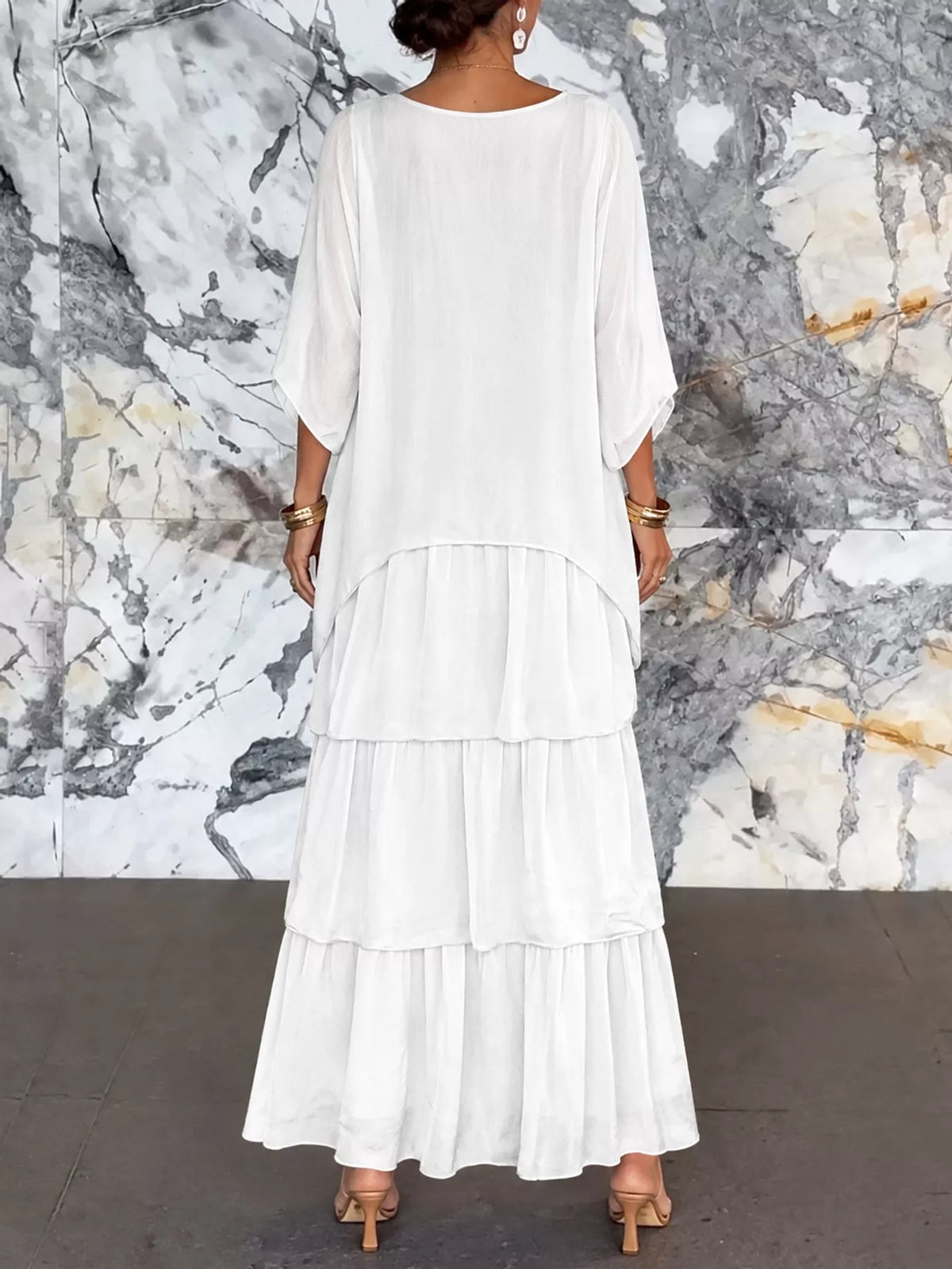 Layered Batwing-Sleeve Tiered Maxi Dress
