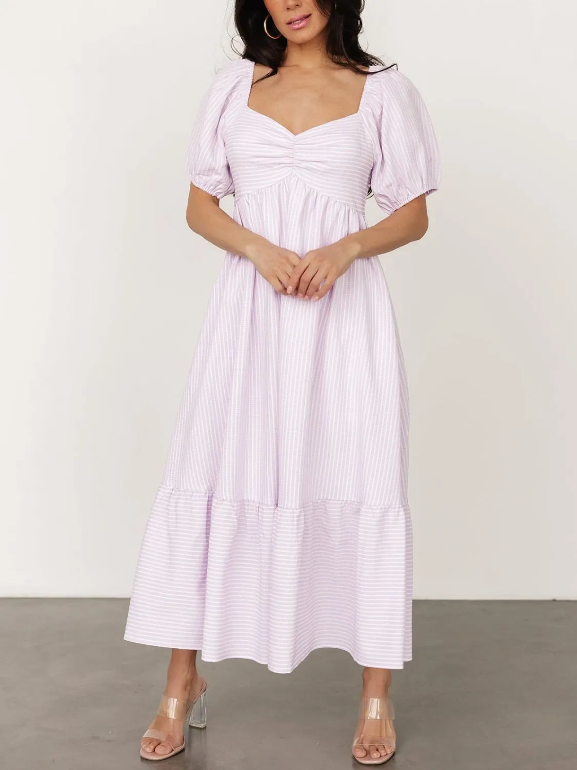 Striped Puff-Sleeve Sweetheart Midi Dress