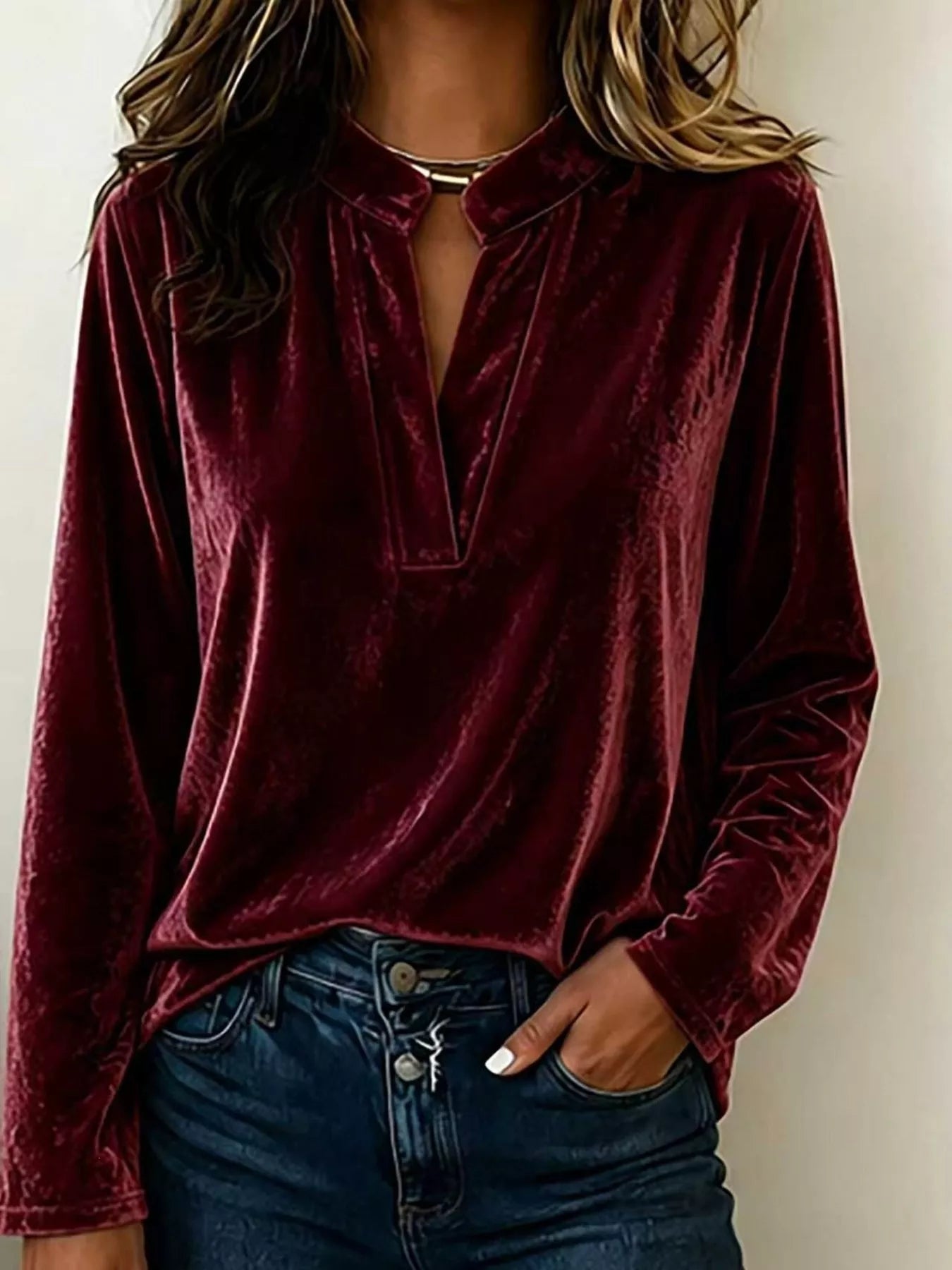 Velvet Notched Long Sleeve Blouse