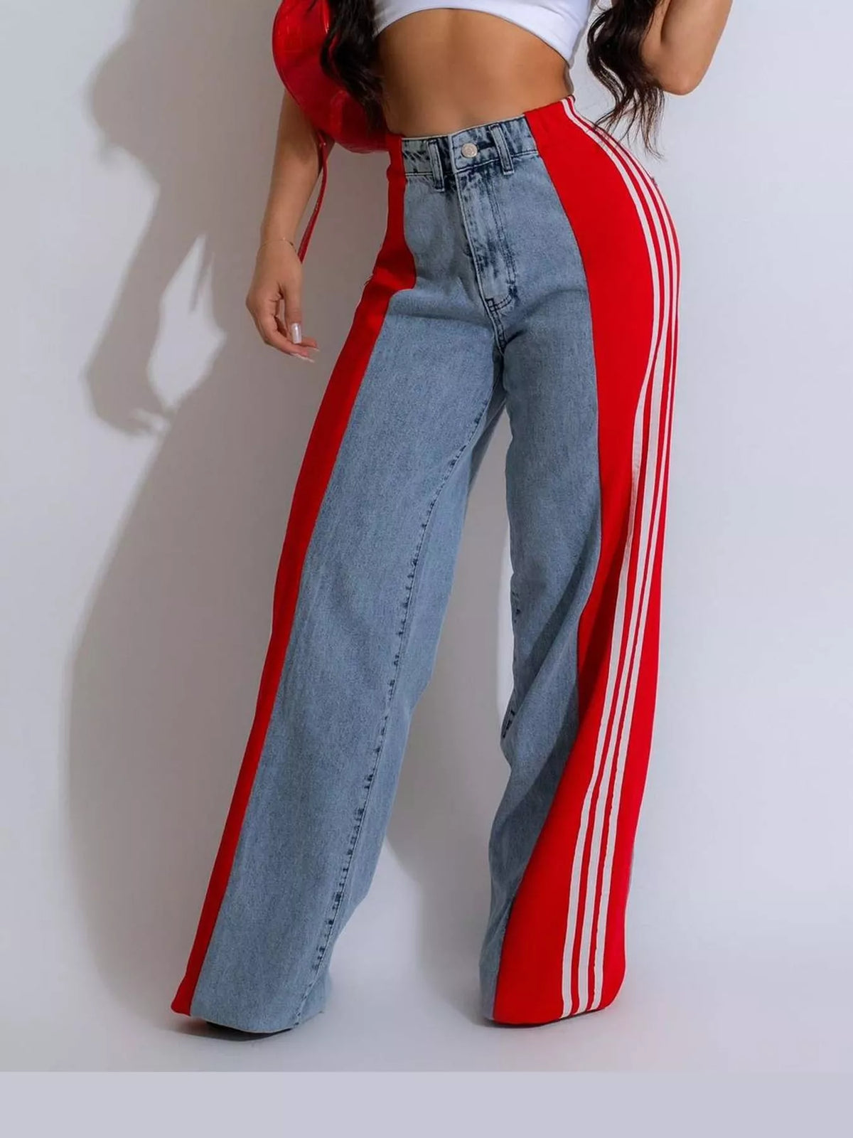 High-Waisted Wide-Leg Jeans with Side Stripe