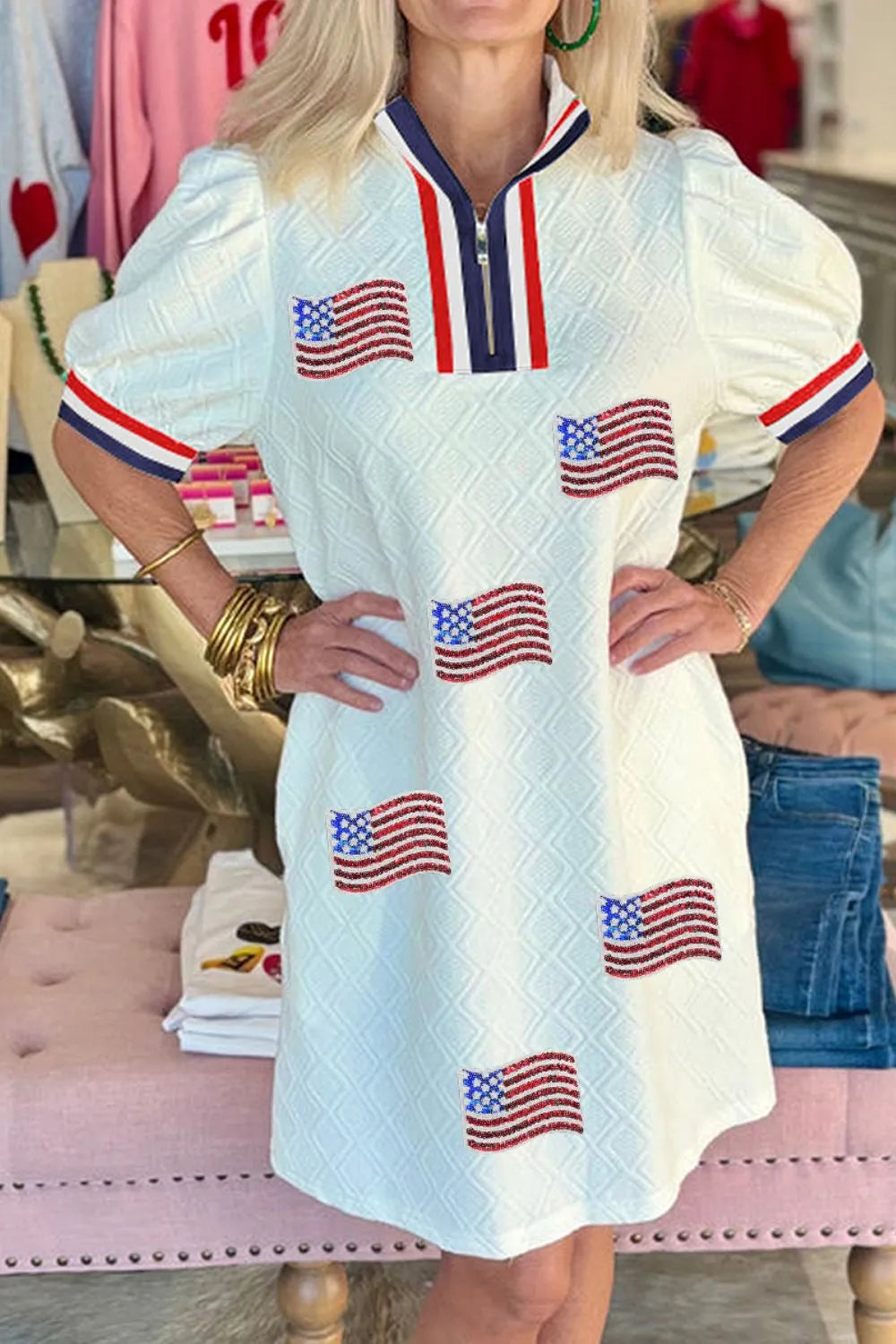 Flag Print Collared Dress in White