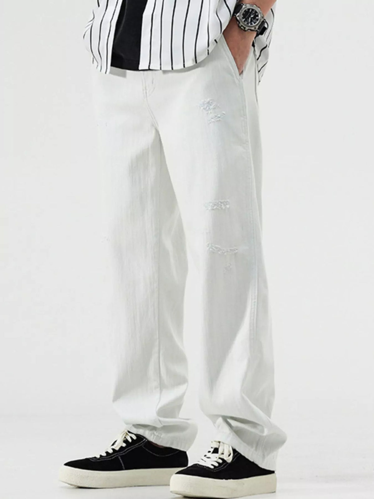 Men's Distressed Relaxed Fit Jeans in White by Fine Tune