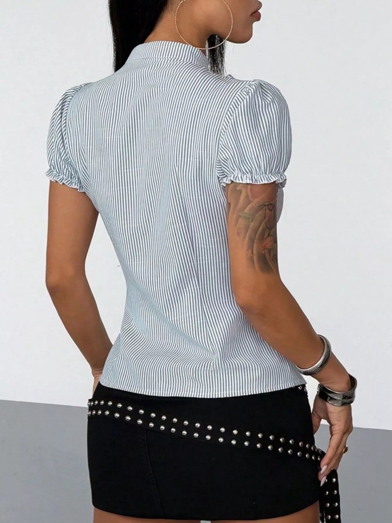 Frill Striped Short Sleeve Shirt in Gray