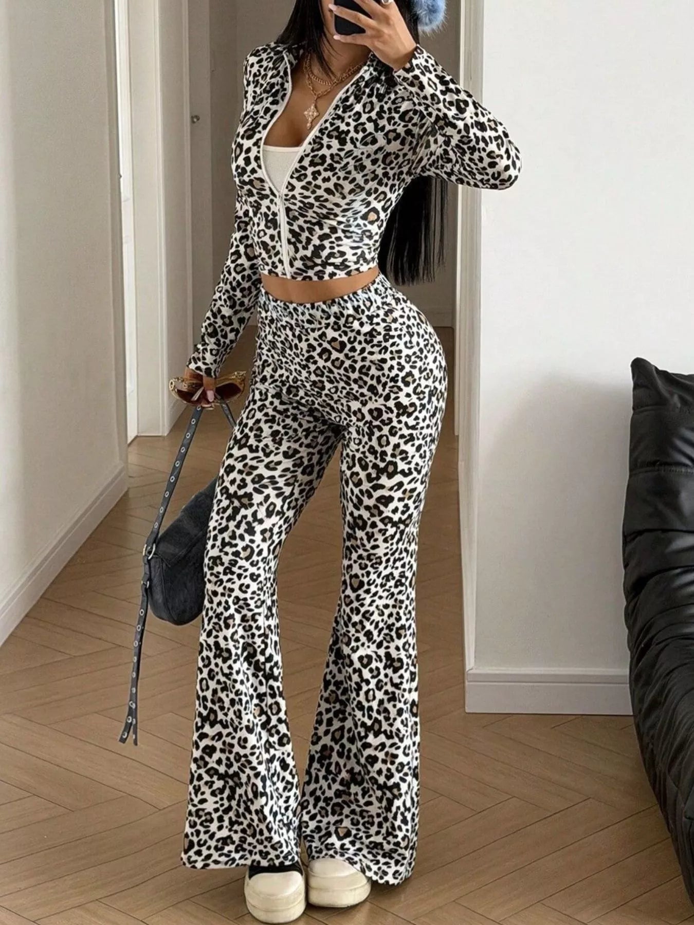 Leopard Print Zip-Up Two-Piece Set in Gray