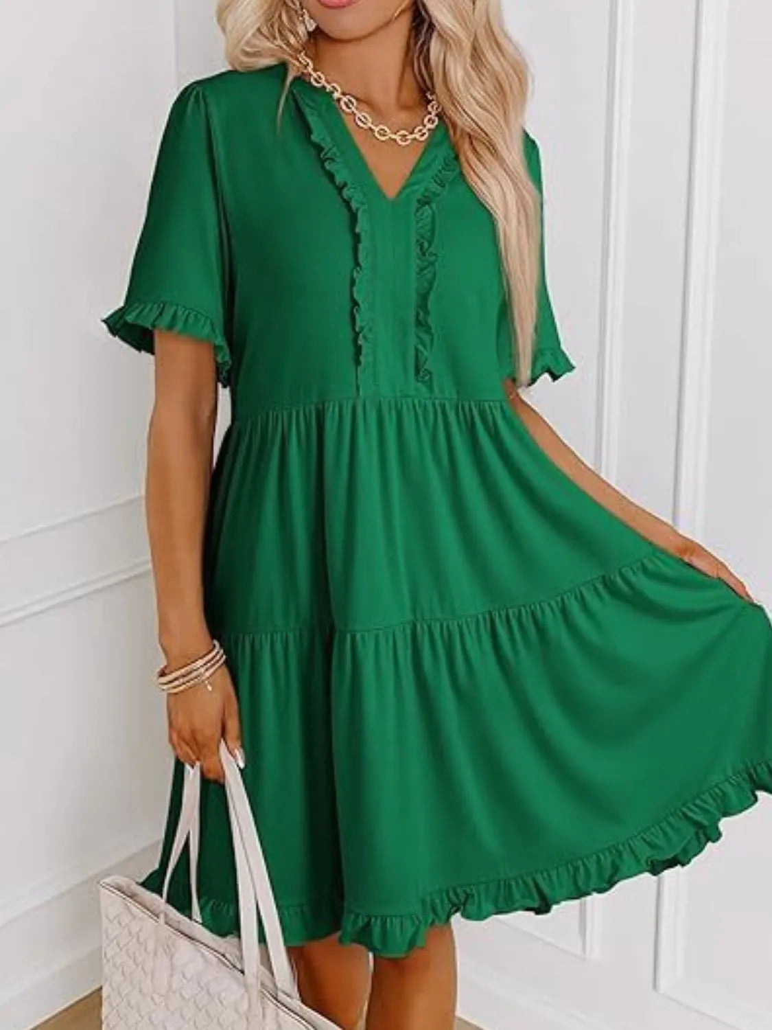 Tiered Notched Short Sleeve Mini Dress by Gen Beauty