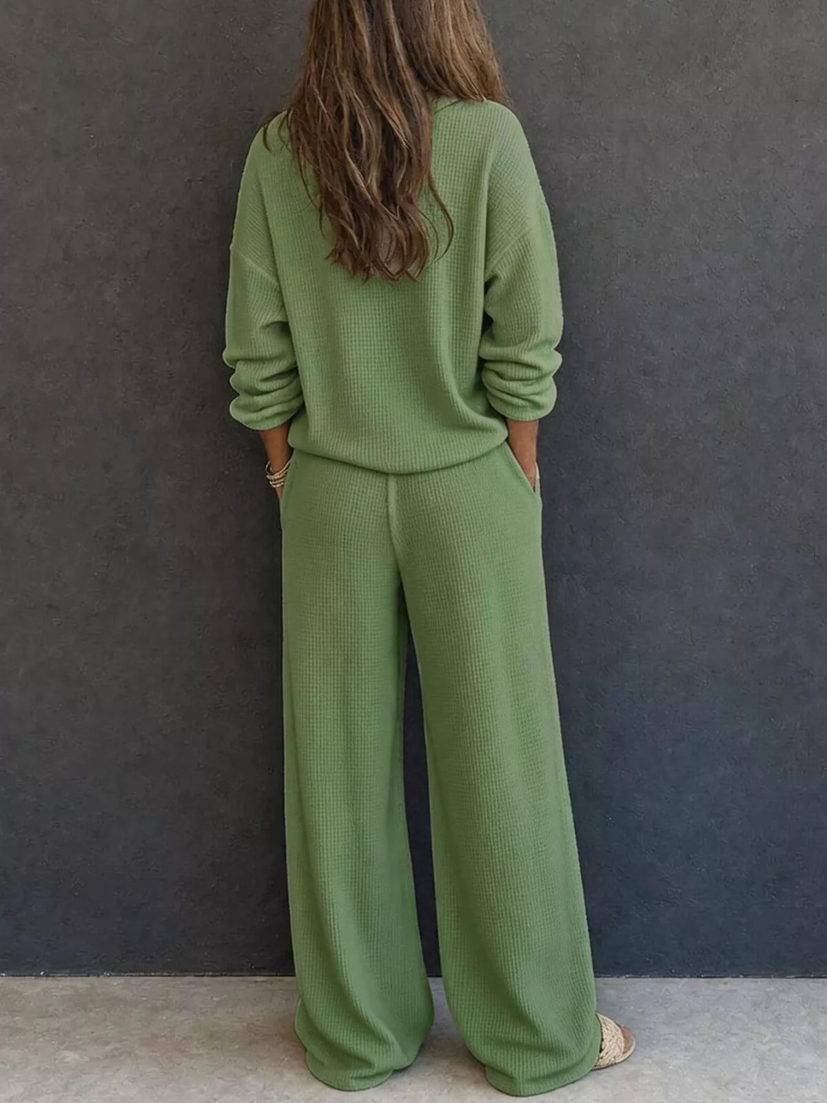 Waffle-Knit Button Detail Top and Pants Set
