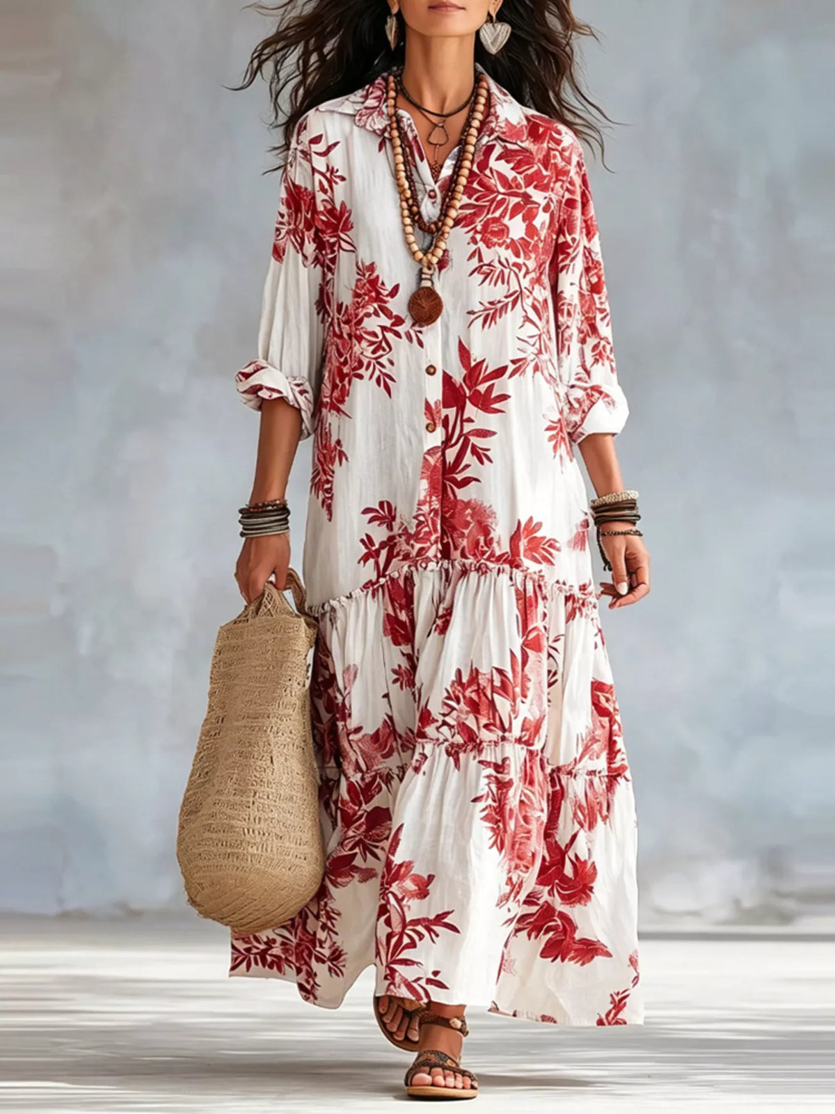 Printed Button-Front Tiered Maxi Dress