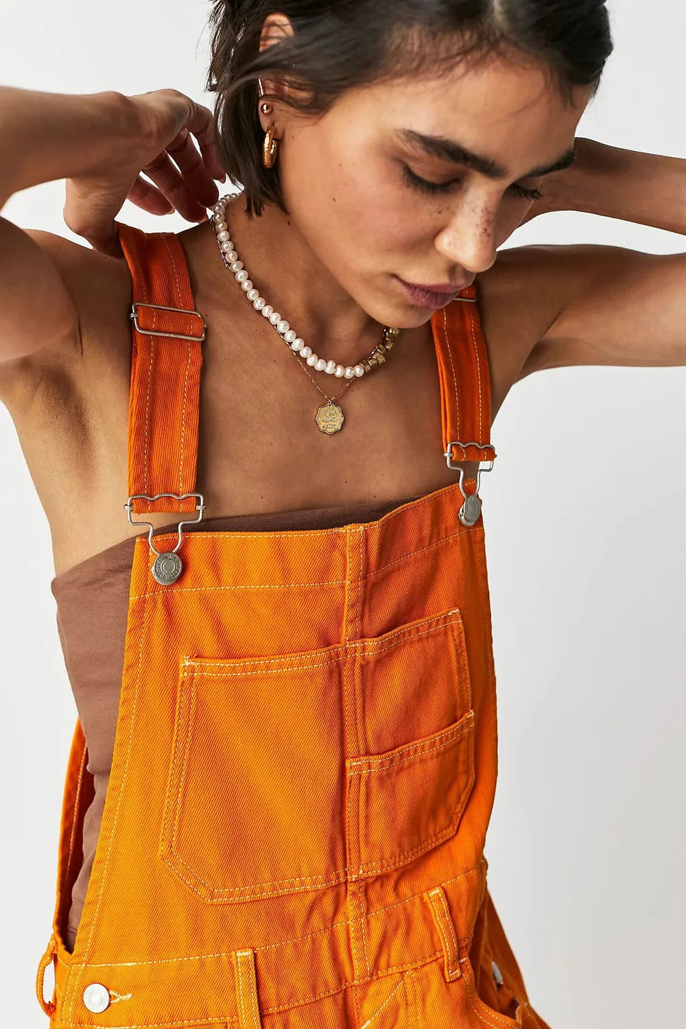 Square Neck Wide Strap Denim Overalls in Tangerine by Dreamy Drapes