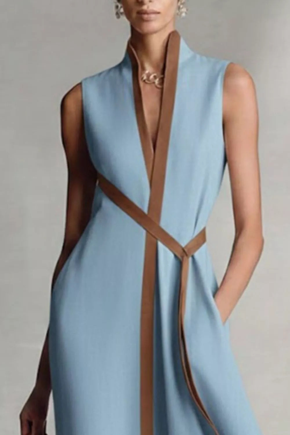 Sleeveless Contrast-Trim Midi Dress