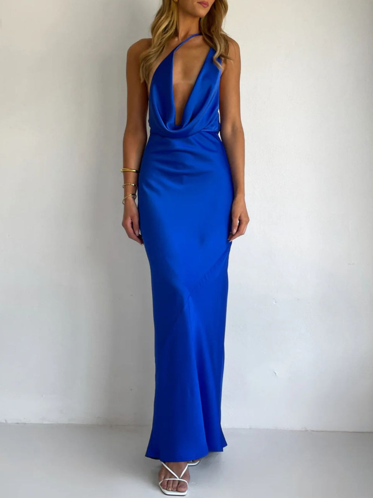 Halter Neck Ruched Satin Maxi Dress
