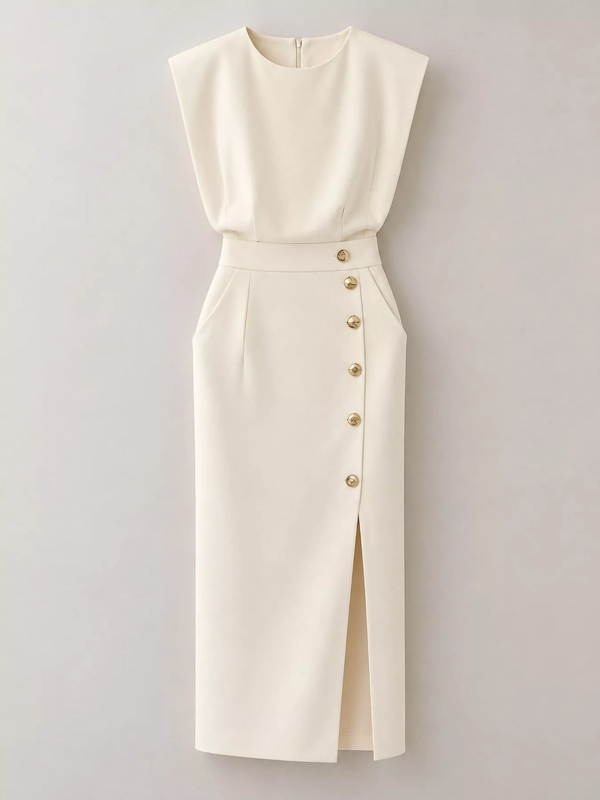 Sleeveless Midi Dress with Gold Button Detail