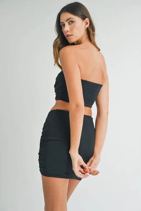 Ruched Tube Top and Skirt Set in Black