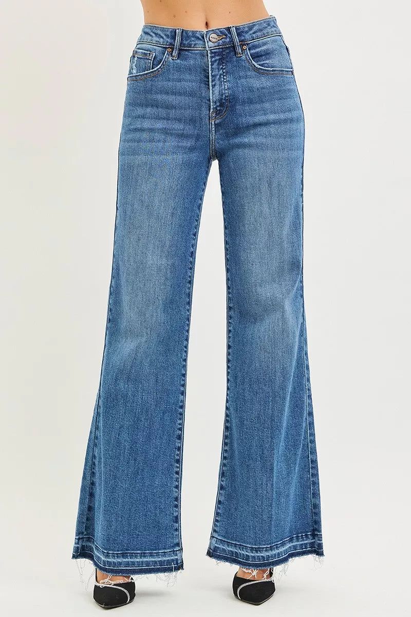 Risen High Rise Wide Leg Jeans with Released Hem in Medium Wash