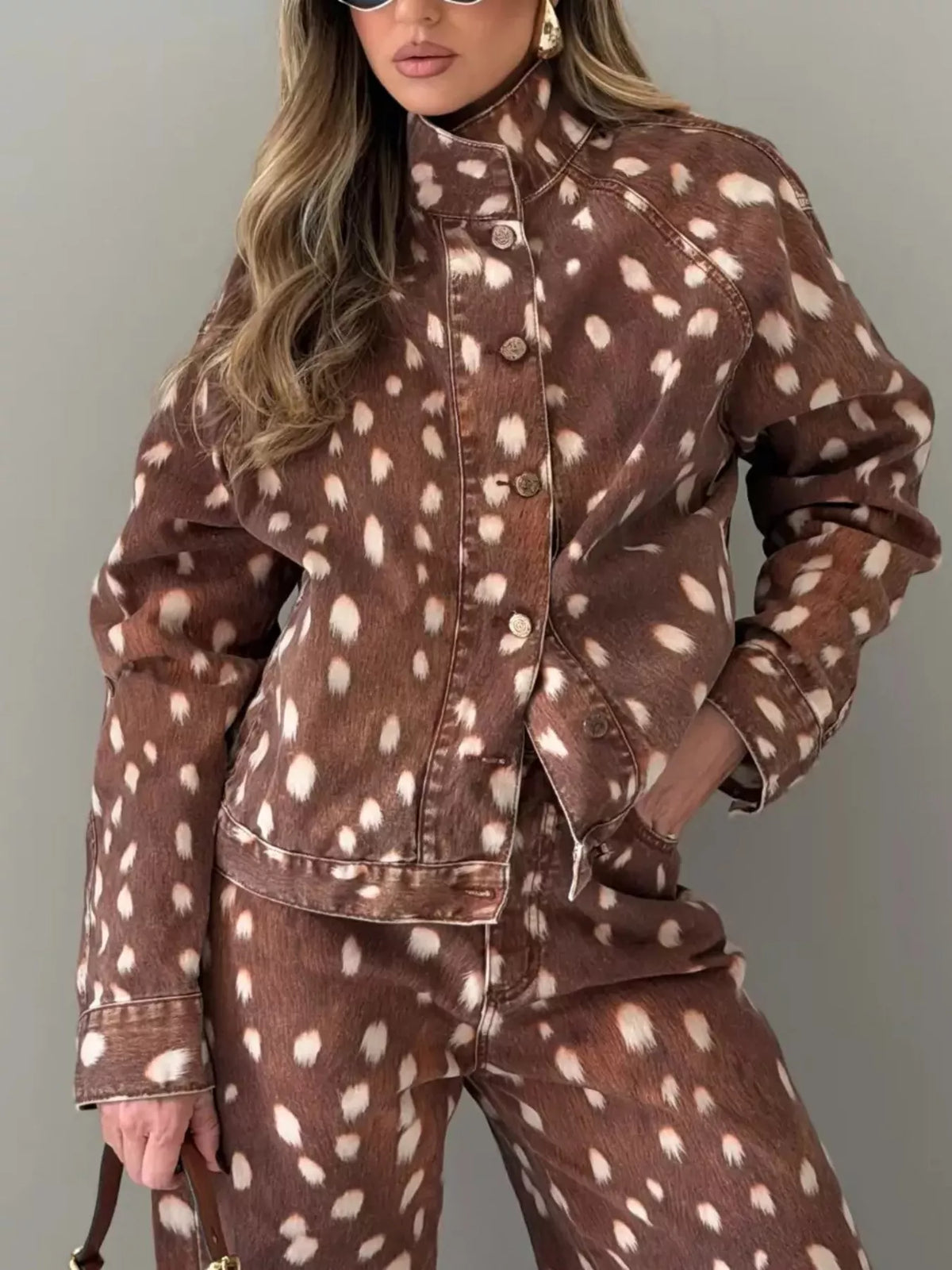 Fawn-Print Button-Down Denim Jacket in Dark Brown