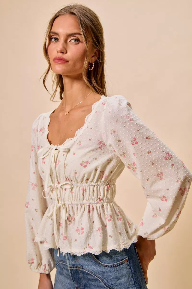 So Me Floral Clip Dot Lace Trim Blouse in White