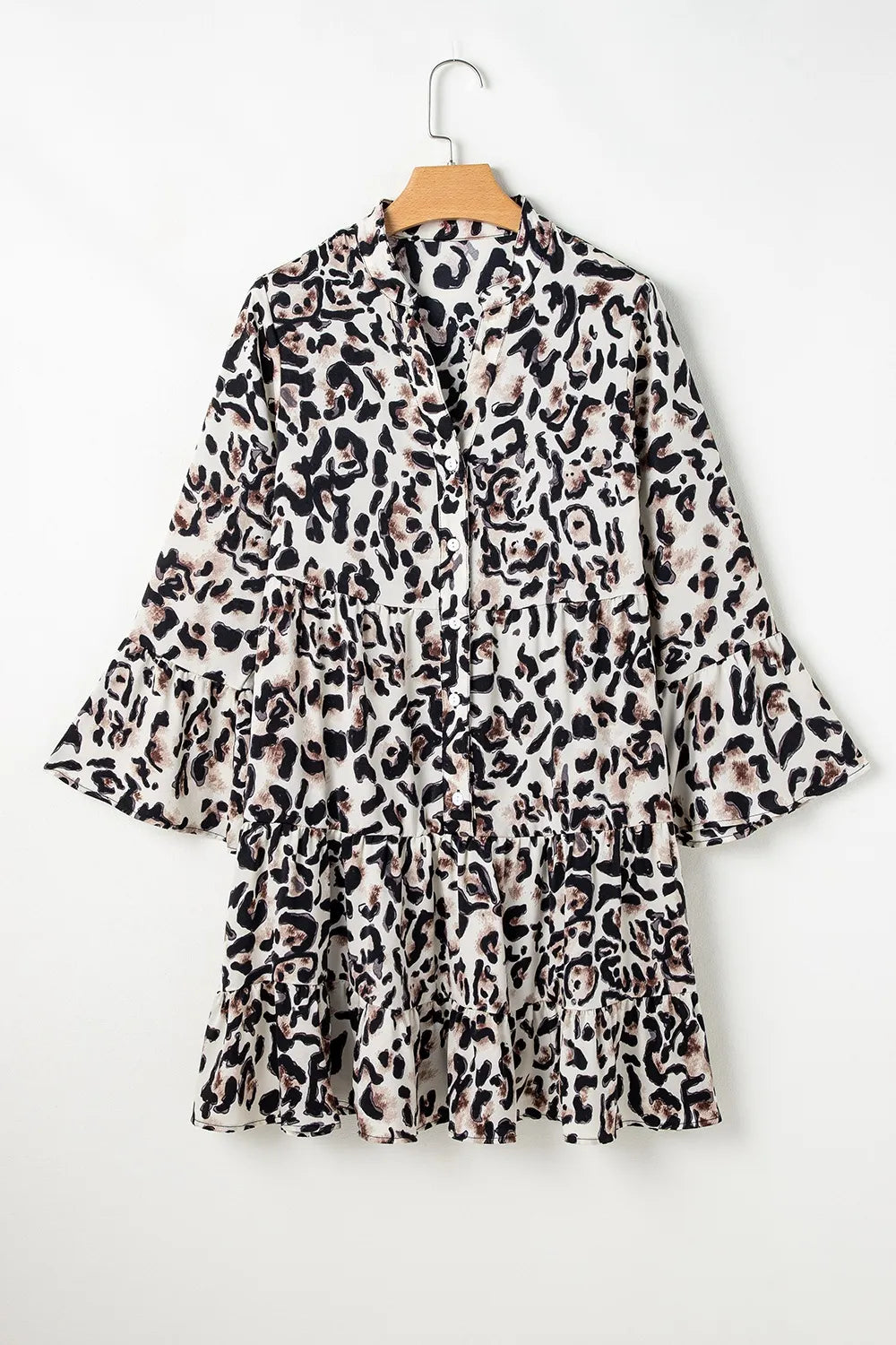 Leopard Print Buttoned Tiered Ruffle Dress