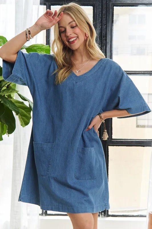 V-Neck Half Sleeve Mini Denim Dress in Peacock Blue in Peacock  Blue