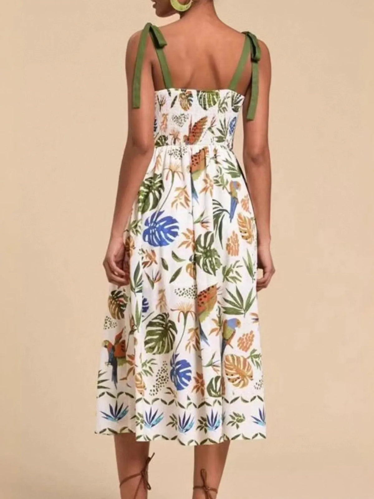 Tropical Print Tie-Shoulder Sweetheart Neck Midi Dress in Green by Rosaline