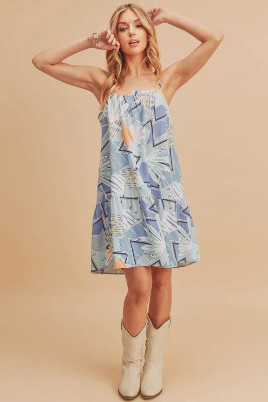 Printed Ruffled Hem Cami Dress in Light Blue