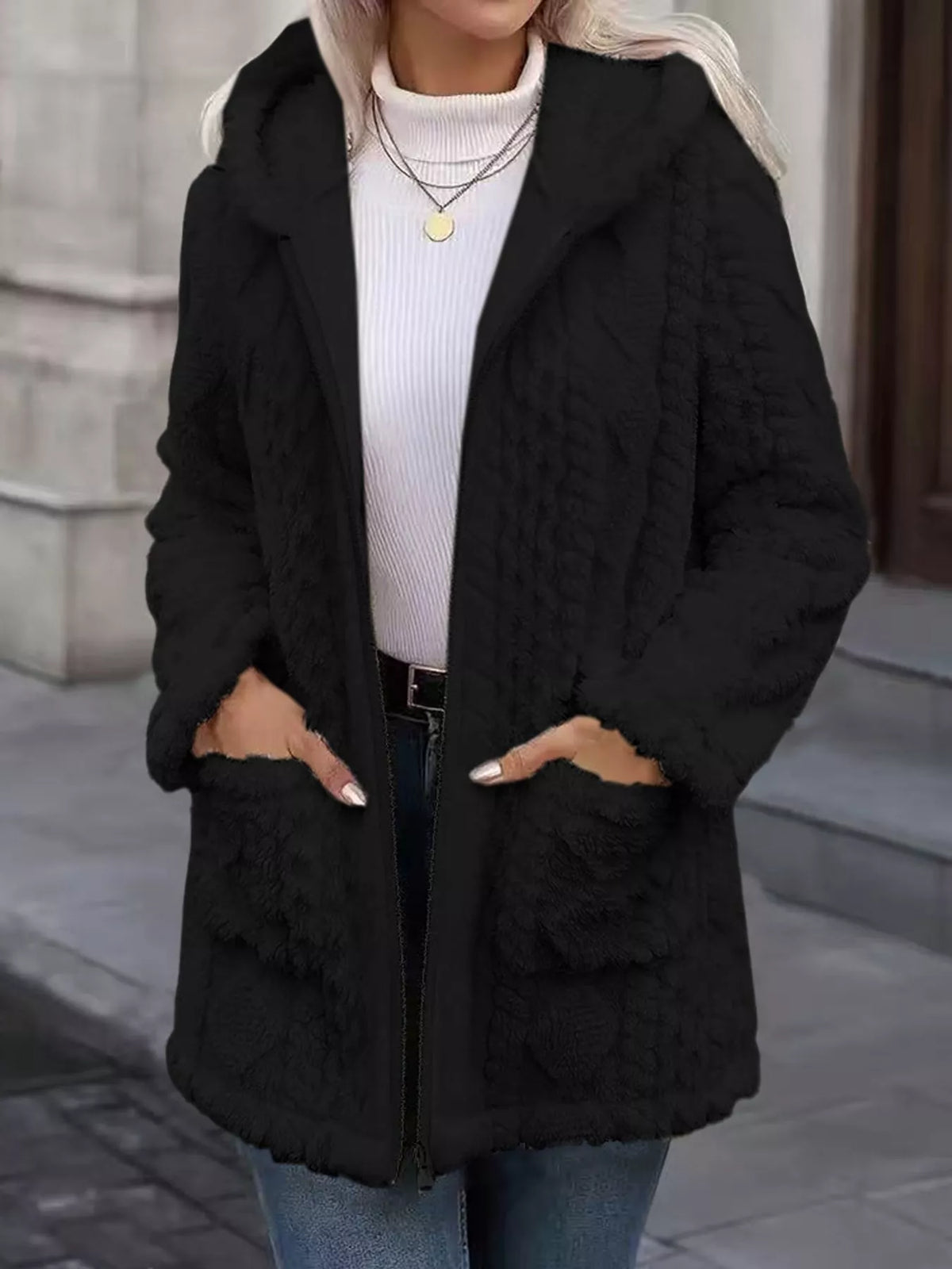 Faux Fur Hooded Zip-Up Jacket in Ocean Blue