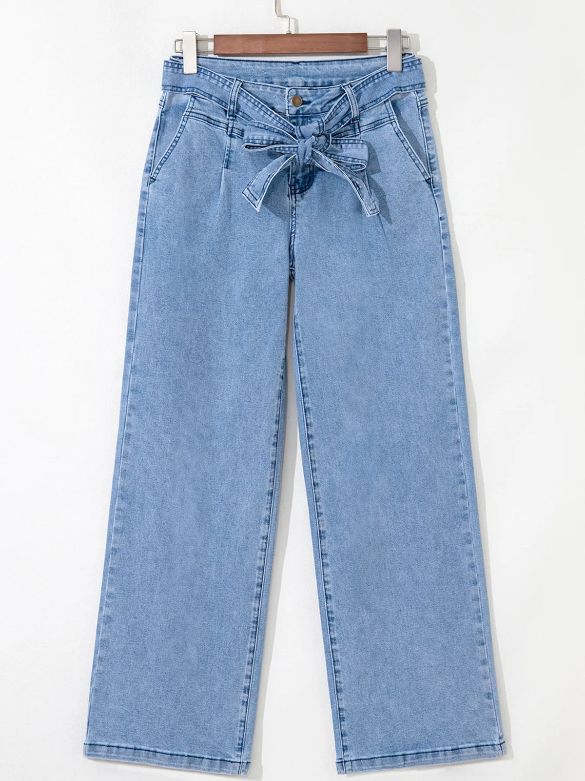 High Waisted Wide Leg Belted Jeans in Medium Wash