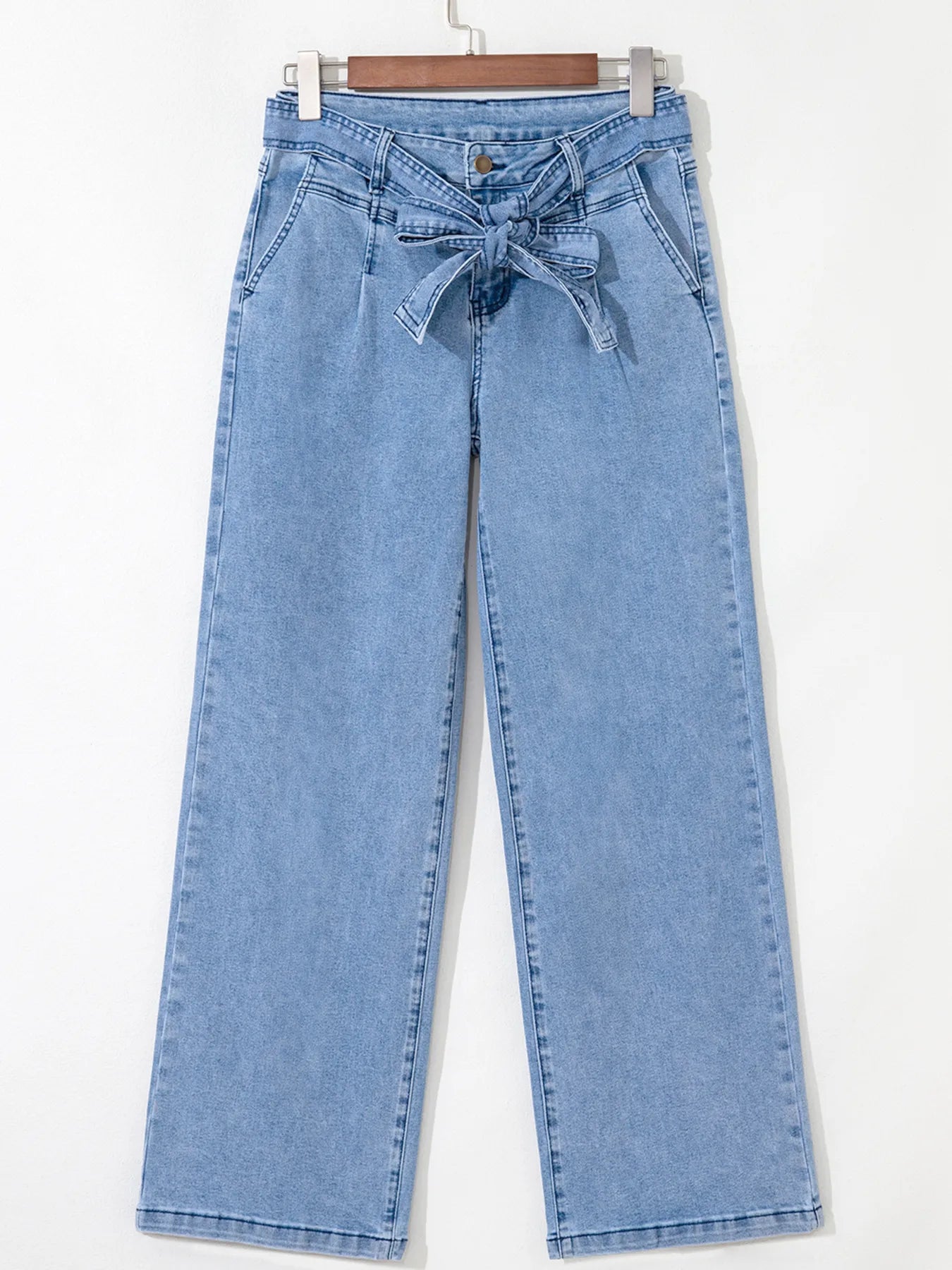 High Waisted Wide Leg Belted Jeans in Medium Wash